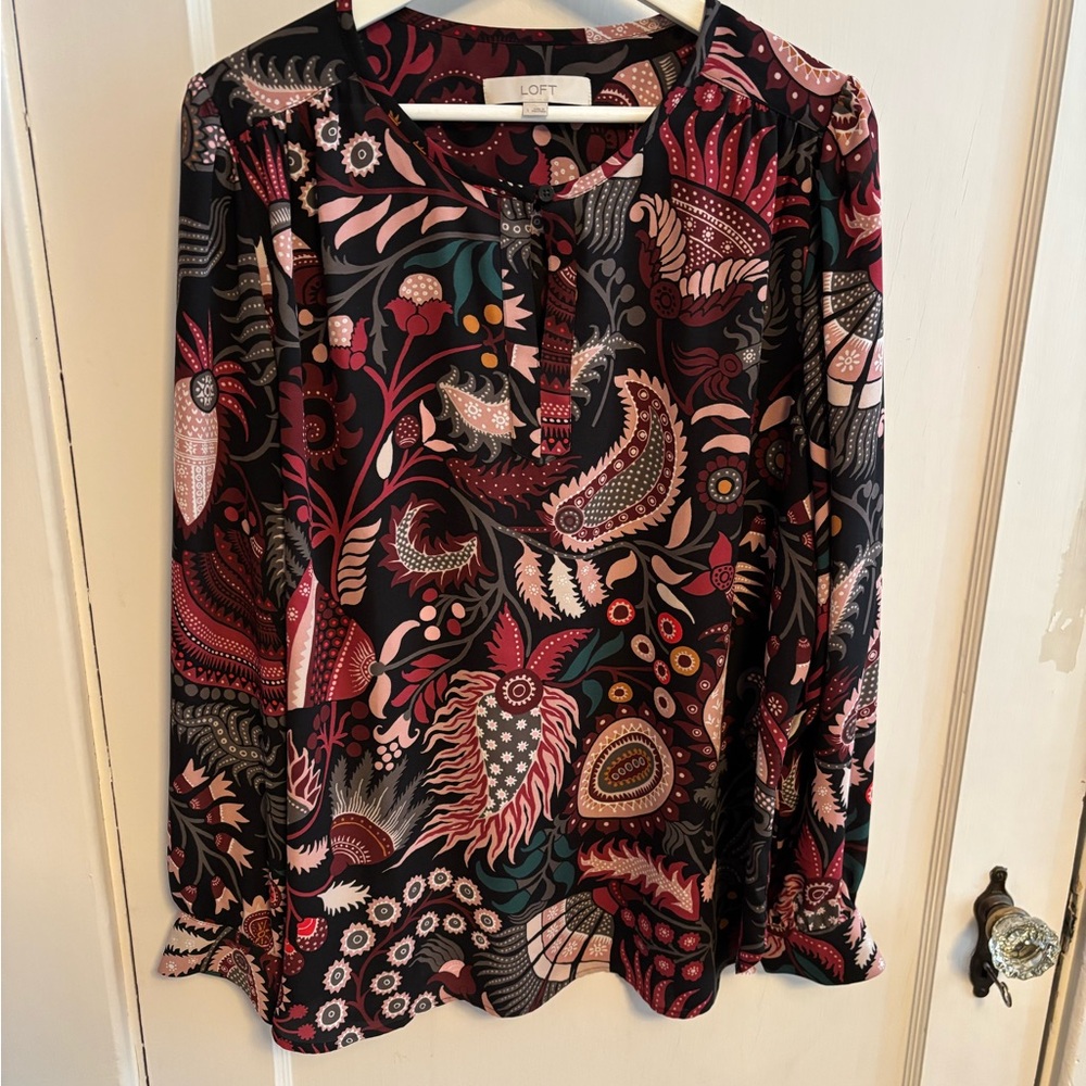 LOFT Black and Red Graphic Blouse with Mandarin Collar